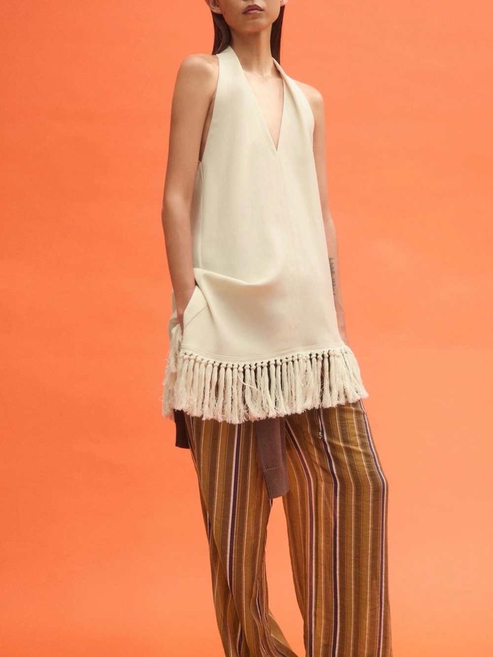 Zara Cream Halter Tassel-Trim Tunic